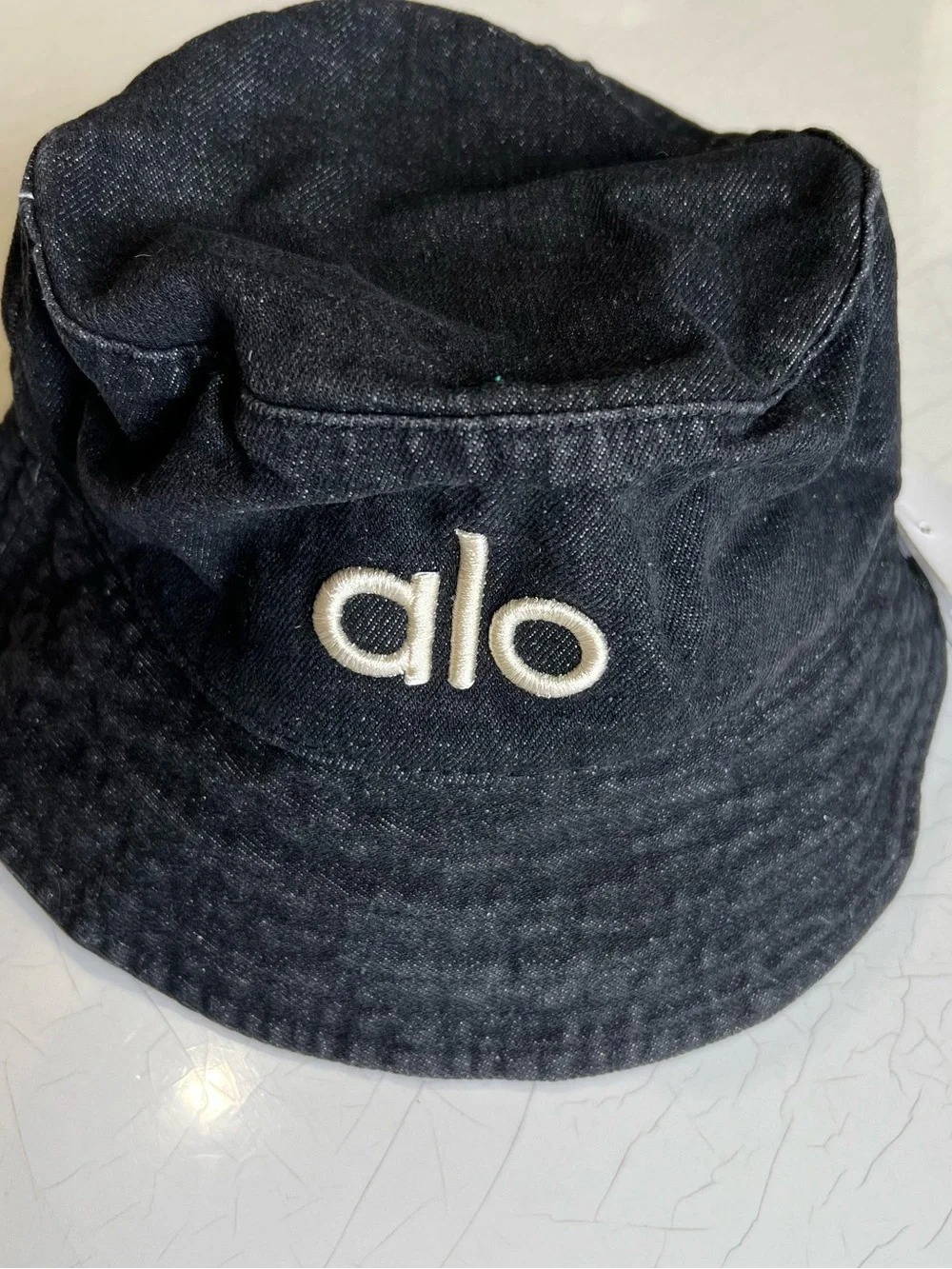 Alo Black Denim Bucket Hat with White Logo embroidered